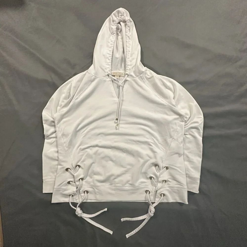 Michael Kors Hoodie Lace Up Pullover Womens M White Long Sleeve VNeck Drawstring
